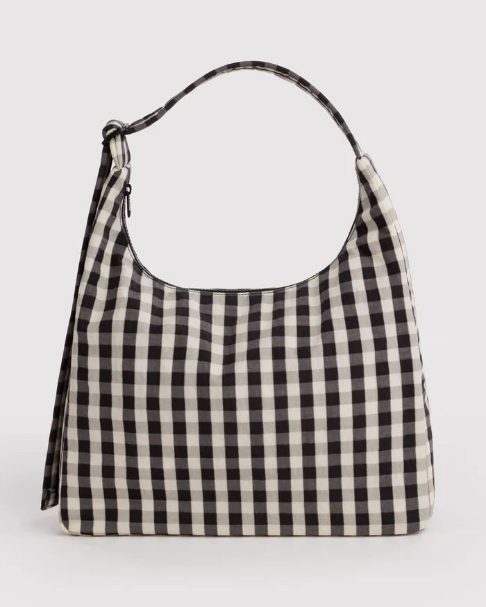 Black and Cream Gingham Nylon Baggu Shoulder Bag