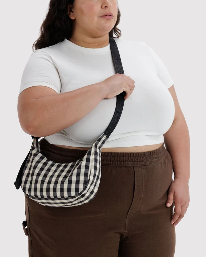 Black and Cream Gingham Small Crescent Baggu