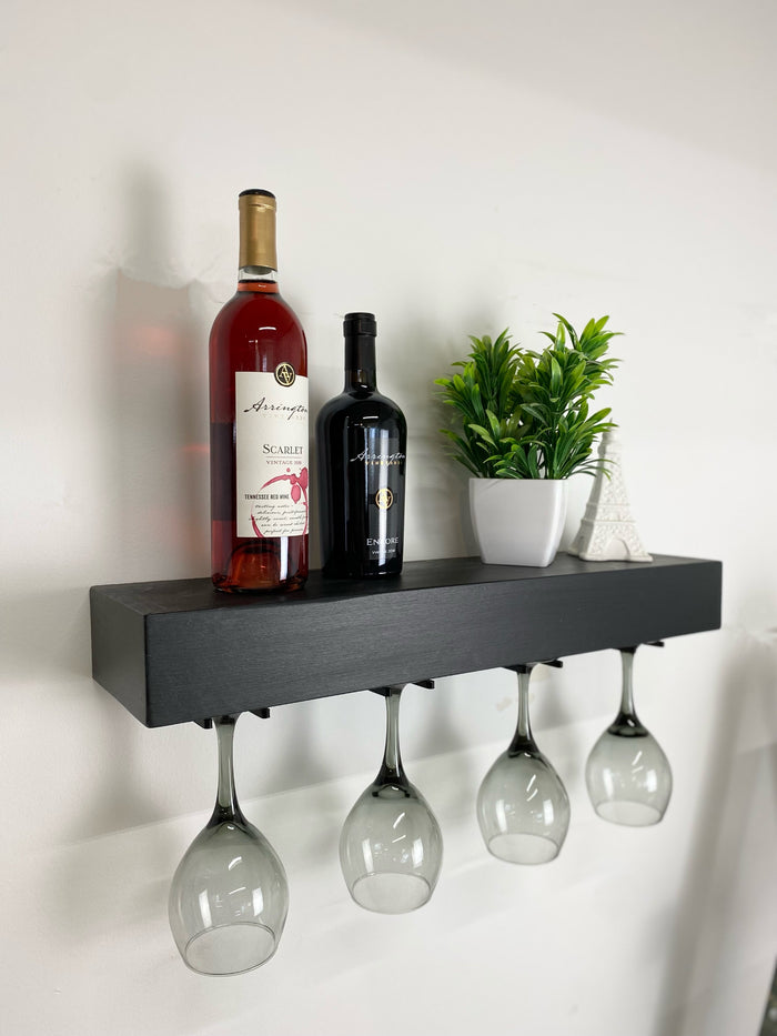 Black Floating Shelf with Wine Glass Hangers