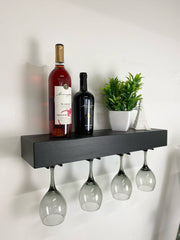 Black Floating Shelf with Wine Glass Hangers