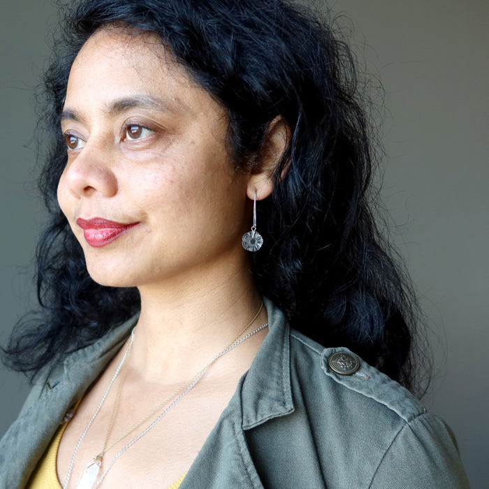sheila of satin crystals wearing Clear Quartz in Daisy Flower shaped Earrings