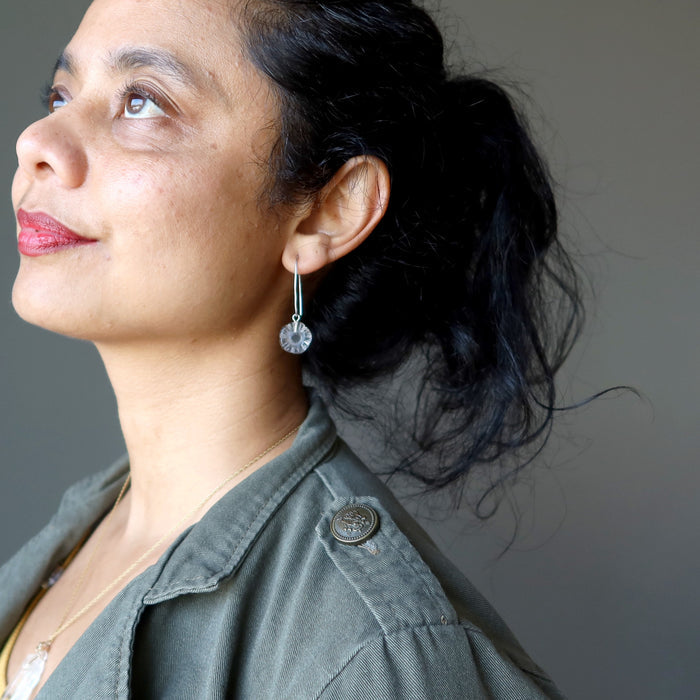 sheila of satin crystals wearing Clear Quartz in Daisy Flower shaped Earrings