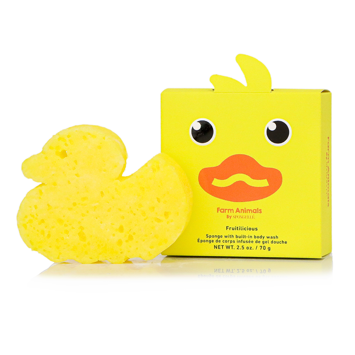 Yellow duck-shaped sponge with a matching yellow box featuring a duck face design on a white background.