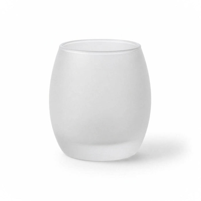 Single frosted glass votive candle holder with a rounded silhouette on a white background