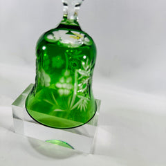 Emerald Green Cut to Clear Crystal Bell 8 Inch Grape Pattern Bohemian Style Vintage Art Glass