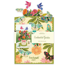 Floral and butterfly-themed stationery set with 'Enchanted Garden' text on a white background.