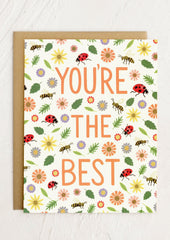 A card with colorful bees and bugs print reading "You're the best".