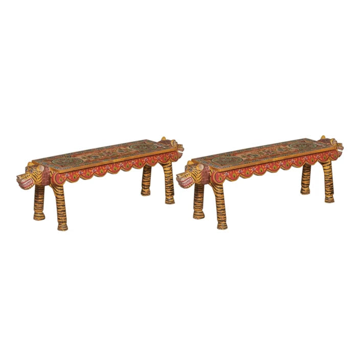 Handmade Teak Bench with Animal Head