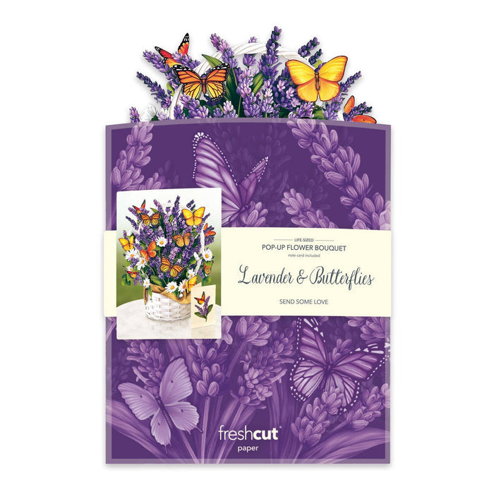 Packaging of a pop-up flower bouquet set with lavender and butterflies on a white background.