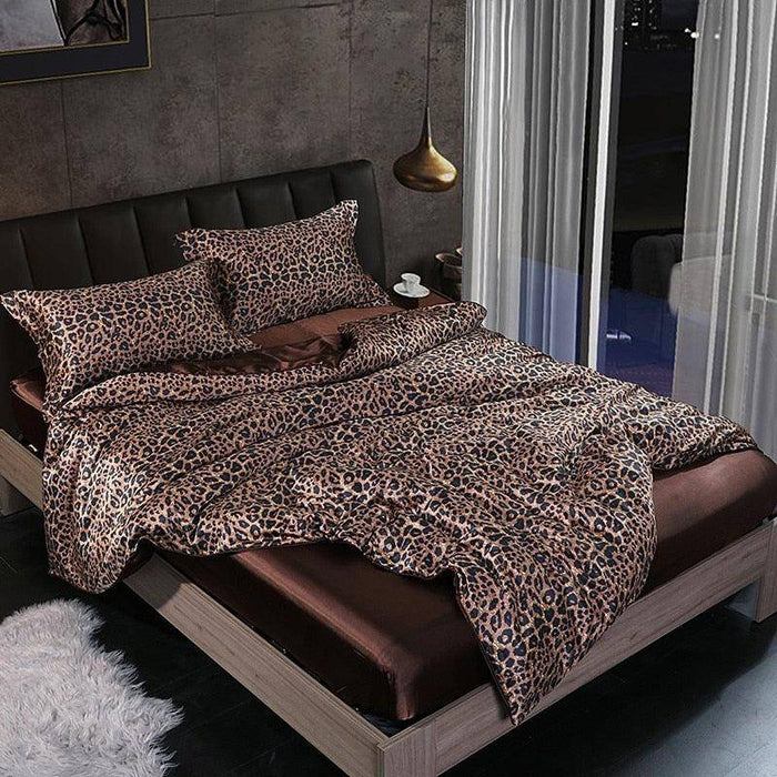 Leopard Silky Satin Duvet Cover Comforter 4Pcs Bedding Set