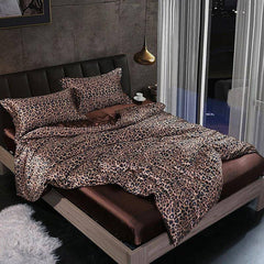 Leopard Silky Satin Duvet Cover Comforter 4Pcs Bedding Set