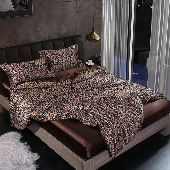 Leopard Silky Satin Duvet Cover Comforter 4Pcs Bedding Set