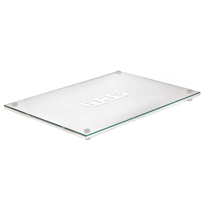 The BT-Shalom Lucite Corrugated Challah Board features a rectangular glass design with four non-slip feet and a central logo, making it ideal for modern tablescapes. Shown on a white background.