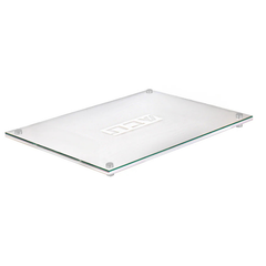 The BT-Shalom Lucite Corrugated Challah Board features a rectangular glass design with four non-slip feet and a central logo, making it ideal for modern tablescapes. Shown on a white background.