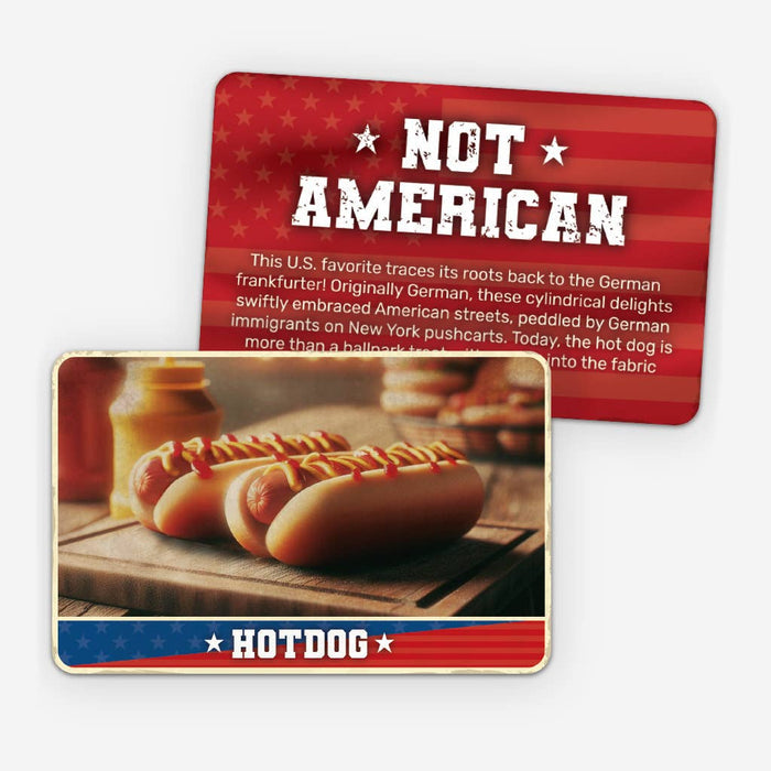 Card with hot dogs and mustard on a wooden board, featuring text about hot dogs and an American flag design.