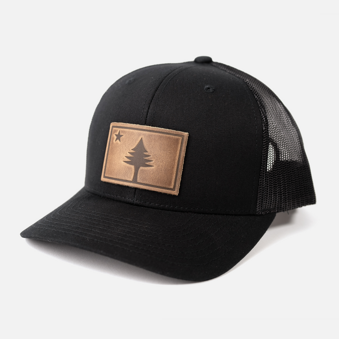 Maine Flag Hat | Leather Patch Trucker Hat: Charcoal