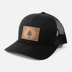 Maine Flag Hat | Leather Patch Trucker Hat: Charcoal