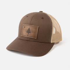 Maine Flag Hat | Leather Patch Trucker Hat: Charcoal