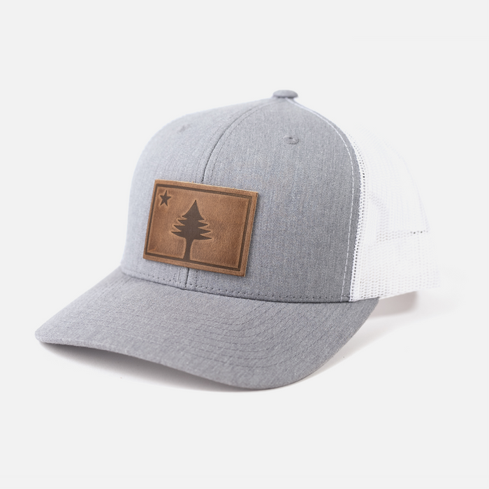 Maine Flag Hat | Leather Patch Trucker Hat: Charcoal