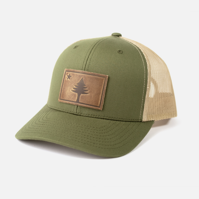 Maine Flag Hat | Leather Patch Trucker Hat: Charcoal