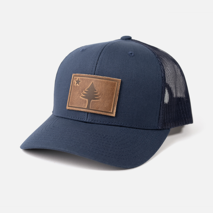 Maine Flag Hat | Leather Patch Trucker Hat: Charcoal