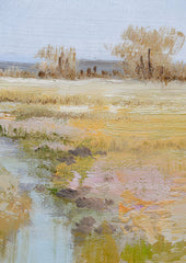 An original oil painting of a colorful meadow with blue stream running through it.