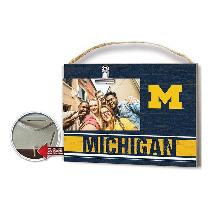 Wooden photo clip frame with Michigan logo and text on a white background