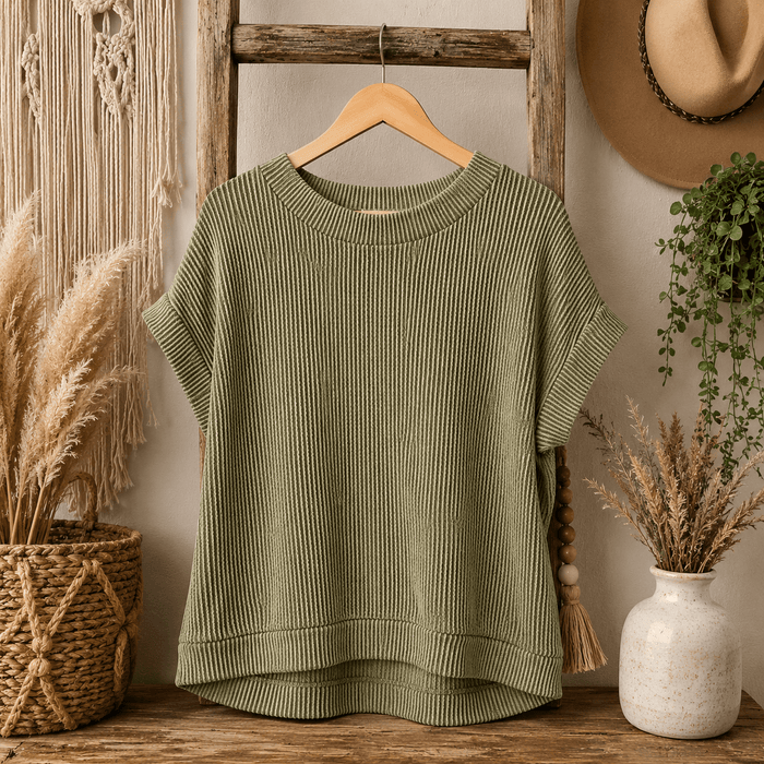Olive Raised Rib Cap Sleeve Top - 260 Broadway Boutique