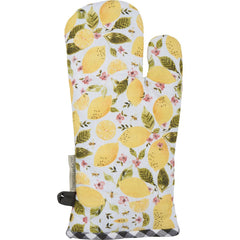 Oven mitt with lemon and floral pattern on a white background