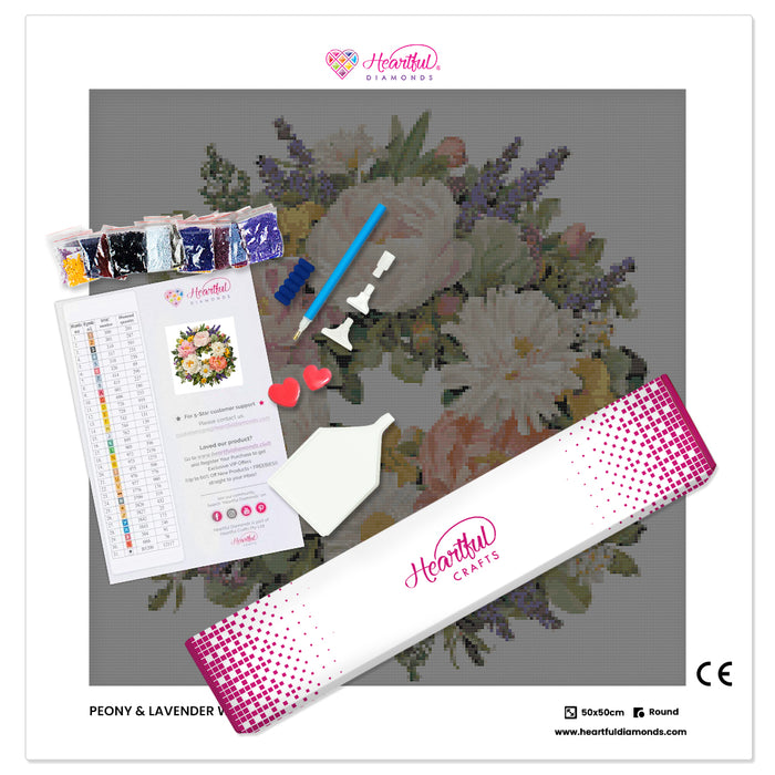 Peony & Lavender Wreath Diamond Painting Kit-50x50cm (20x20 in)-Heartful Diamonds