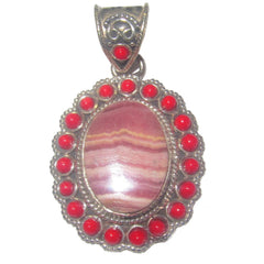 rhodochrosite and coral pendant