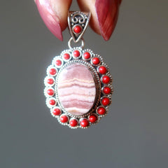 rhodochrosite and coral pendant