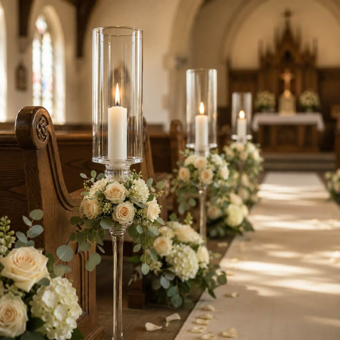 White vigil candles in glass holders lining elegant church wedding aisle