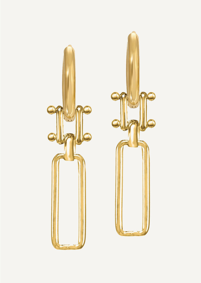 A pair of gold earrings with linked design.