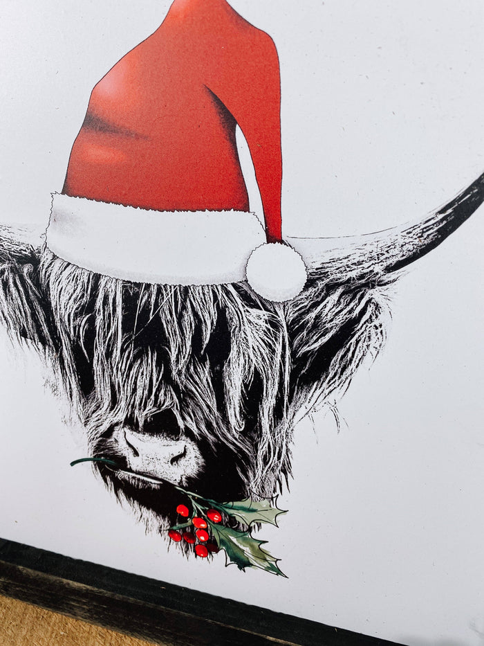 Scottish Christmas Cow Wood Sign, 14x14 Cow Sign: Dark Walnut