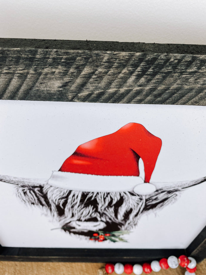 Scottish Christmas Cow Wood Sign, 14x14 Cow Sign: Grey