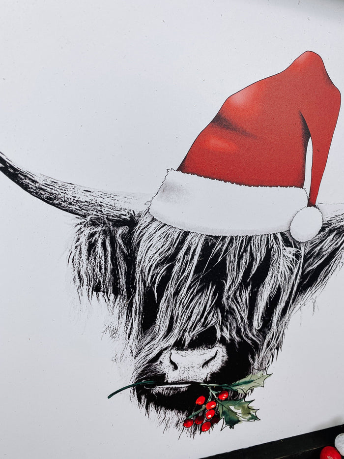 Scottish Christmas Cow Wood Sign, 14x14 Cow Sign: Grey
