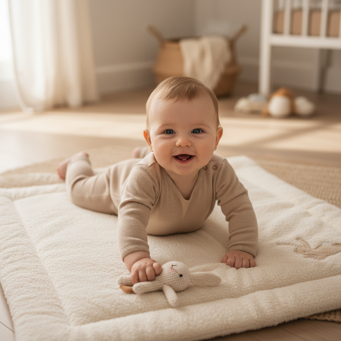 Weiche Baby Spieldecke als Krabbeldecke mit Hase – Baby liegt darauf und spielt im gemütlichen Zuhause