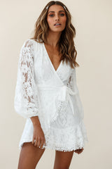 Cami Balloon Sleeve Faux Wrap Dress Lace White