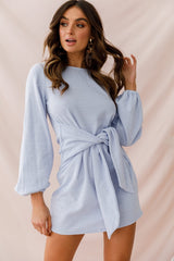 Rapt Waist Tie Bishop Sleeve Knit Dress Steel Blue