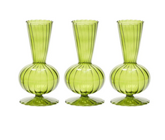 The Kim Seybert Tess Bud Vase Set of 3 in Olive features identical hand-blown vases with vertical stripes, bulbous bases, and flared rims, arranged side by side against a white background.