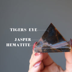 tiger iron pyramid with brown tigers eye, red jasper and metallic hematite