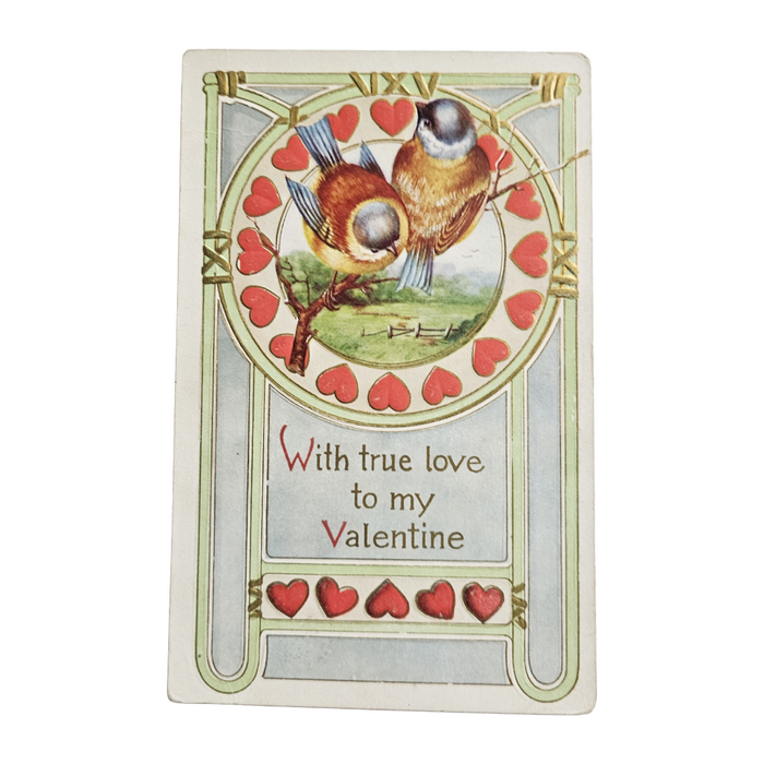 Valentine Postcard Bluebirds with Red Hearts