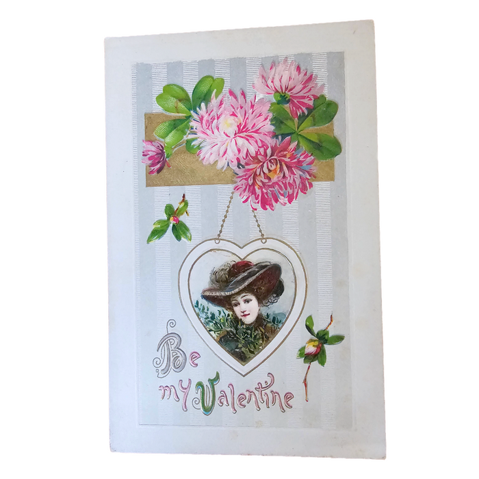 Valentine Postcard Embossed Victorian Woman in Heart Roses Winsch Pub