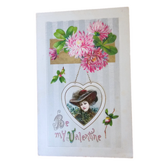 Valentine Postcard Embossed Victorian Woman in Heart Roses Winsch Pub