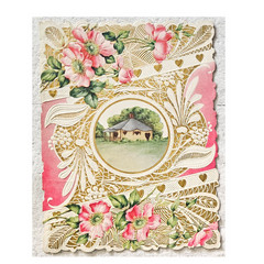 Vintage 1800s Valentine Die Cut House In Forest Wrapped in Gold/Flower Border