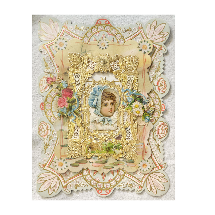 Vintage 1880s Victorian Dresden Gold Lace Valentines Card Girl w/Flowers