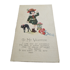 Vintage Antique Valentine Postcard Child w/ Cat and Heart Silk Front