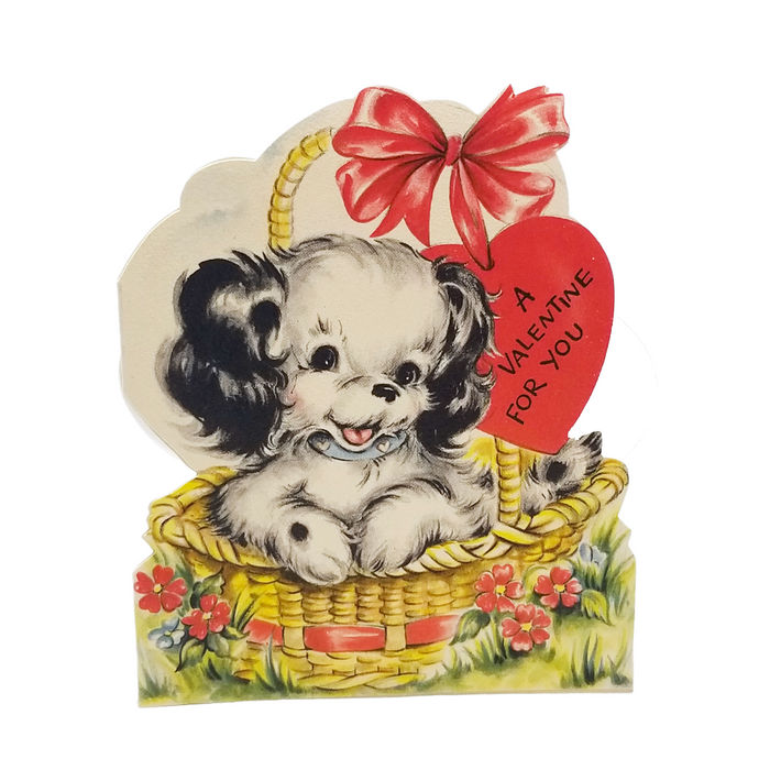 Vintage Hallmark Valentine Die Cut Card Cocker Spaniel Puppy Dog in Basket
