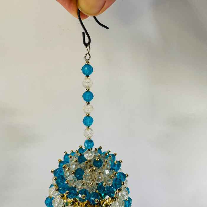 Vintage Handmade Beaded Christmas Ornament, Blue & Clear Icicle Chandelier Style
